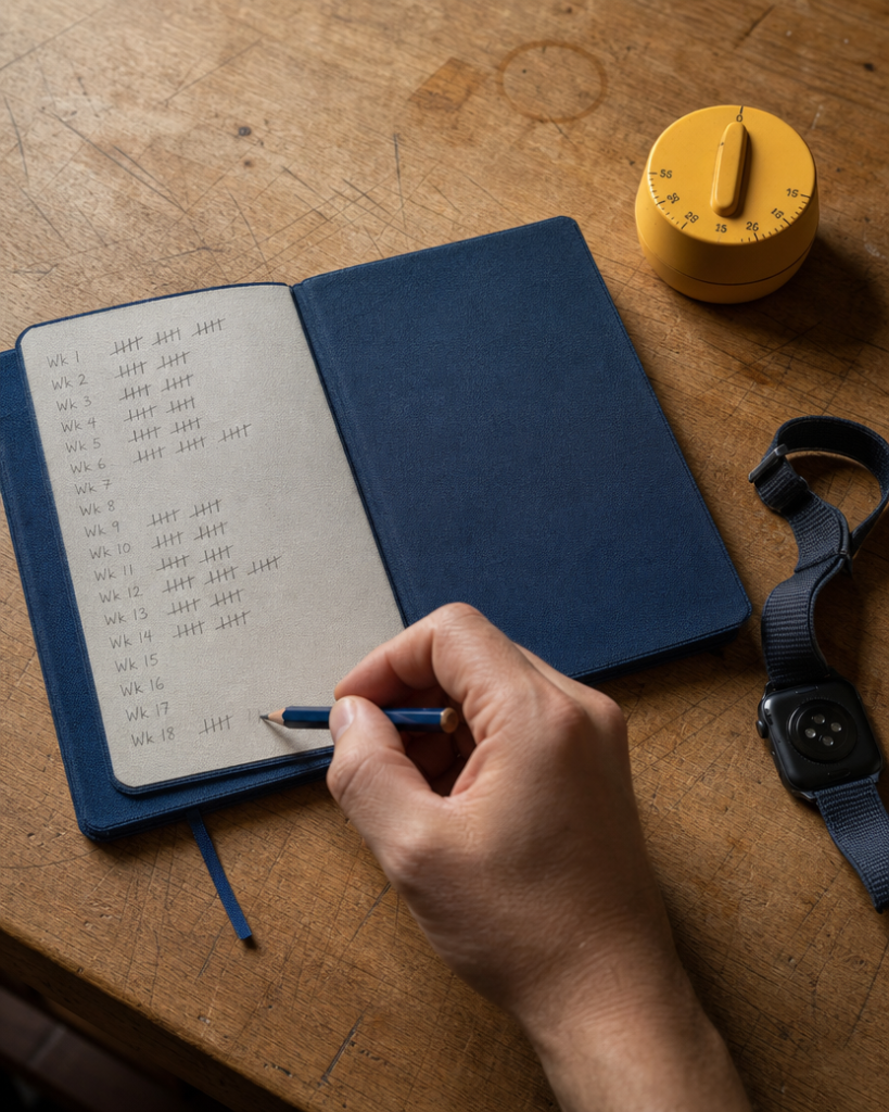A hand drawing tally marks in an indigo notebook beside a saffron kitchen timer and a face-down smartwatch