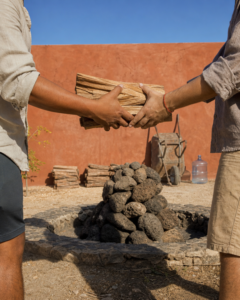Hands passing split firewood toward an unlit fire pit stacked with volcanic stones