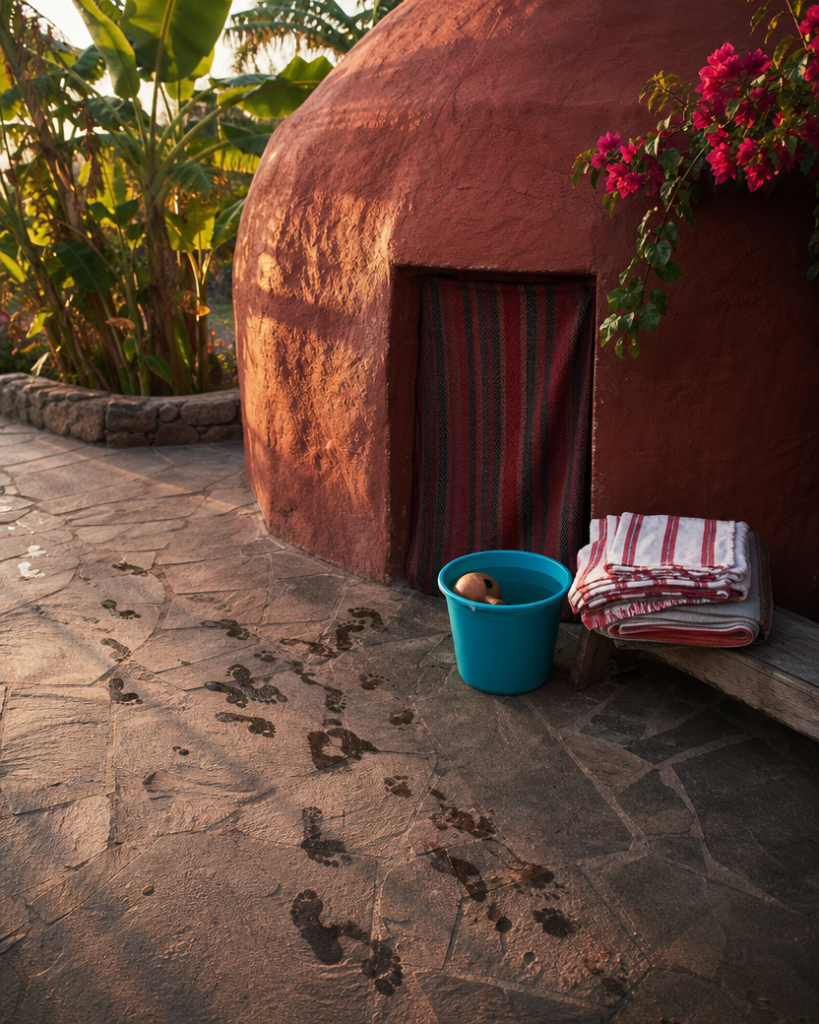 Wet footprints leading away from a stone sweat lodge, a turquoise bucket and towels by the door