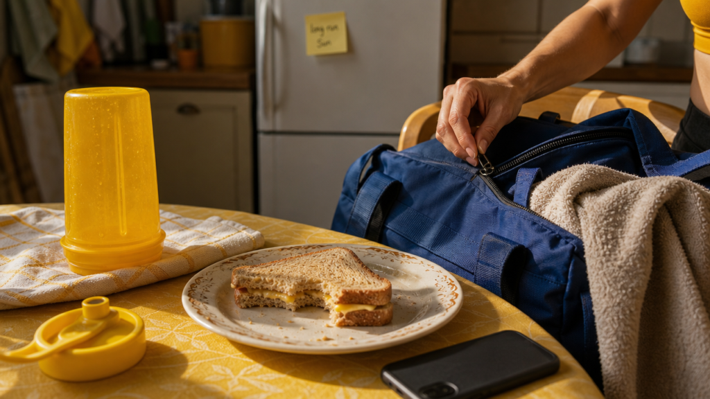 A packed gym bag and a rinsed shaker beside an untouched half sandwich on a kitchen table