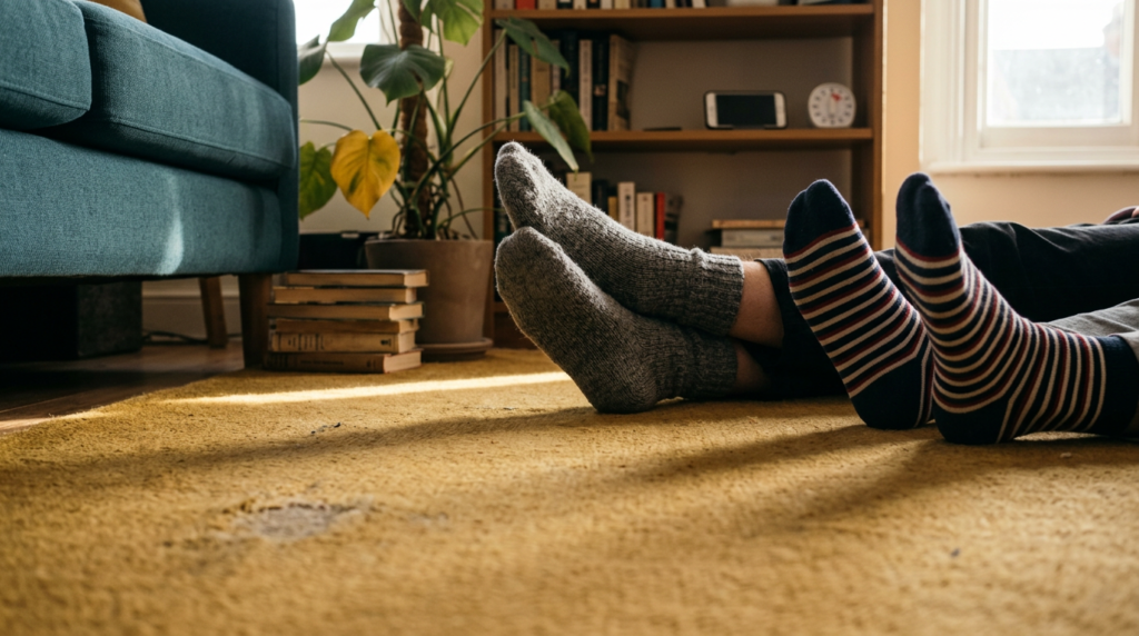 Two pairs of socked feet resting on a mustard rug with a kitchen timer set to 25 minutes on the shelf